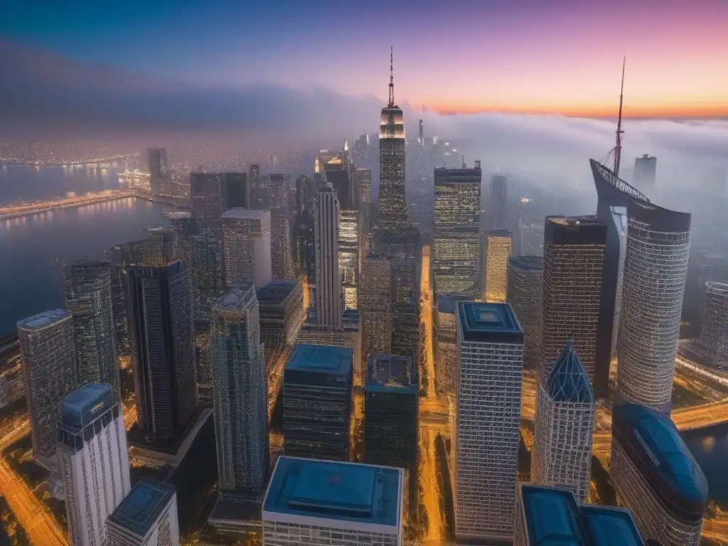 Skyline urbano al anochecer: crecimiento económico y diversificación inmobiliaria Profesionales analizan datos en ciudad iluminada al anochecer, destacando Estrategias de diversificación inmobiliaria