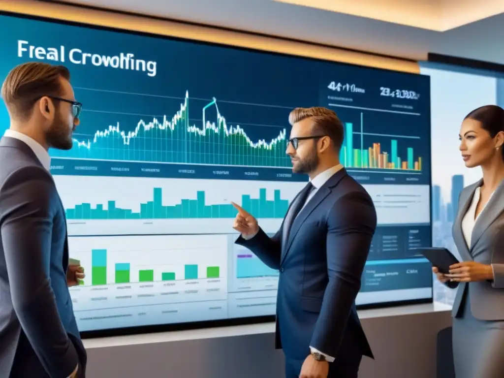 Expertos analizan datos de crowdfunding inmobiliario en pantalla digital Profesionales analizando datos de crowdfunding inmobiliario en moderna oficina