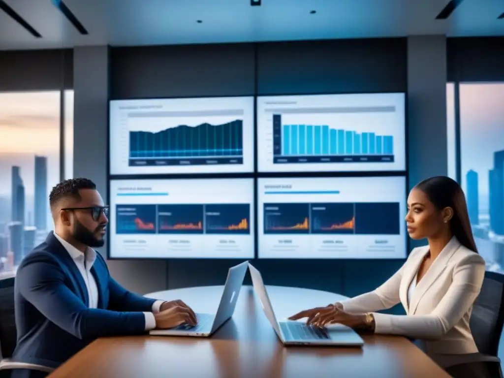 Expertos analizan datos de inversión inmobiliaria en sala futurista Profesionales analizando datos de fondos de inversión inmobiliaria en crisis en moderna sala de juntas futurista