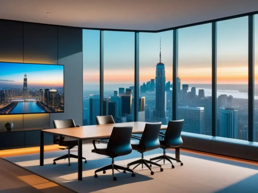 Oficina de lujo: análisis estratégico de inversiones inmobiliarias Profesionales analizan datos inmobiliarios en moderna oficina con vista a la ciudad
