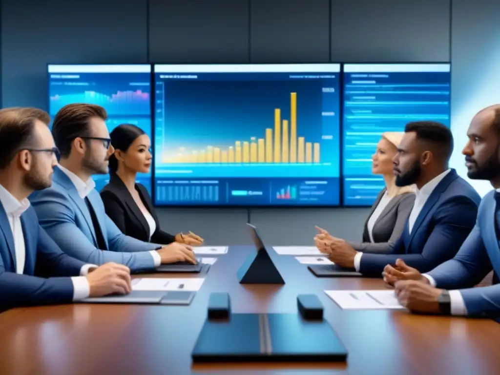 Inversores expertos debaten sobre REITs en sala futurista Profesionales analizan datos de mercado en sala moderna: Inversión en REITs durante recesiones