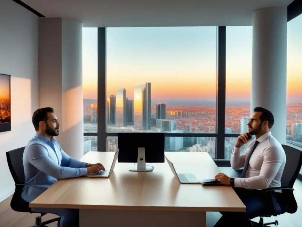 Análisis de datos en el mercado inmobiliario español: tecnología y trabajo en equipo Profesionales analizan datos para el retorno inversión mercado inmobiliario en oficina moderna con vista urbana