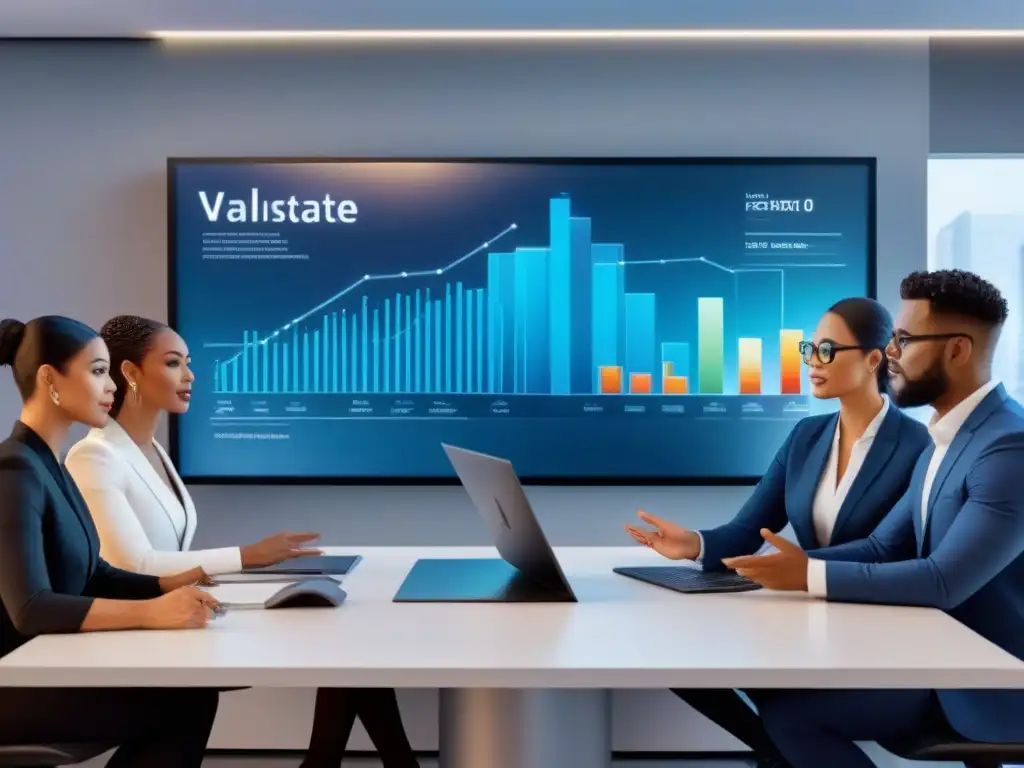 Equipo diverso analiza datos inmobiliarios innovadores Profesionales analizan datos de valoración inmobiliaria en pantalla digital