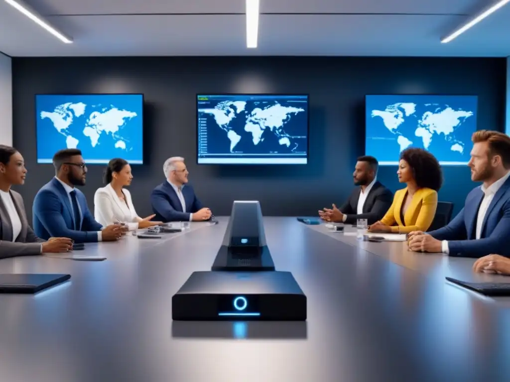 Profesionales multiculturales debatiendo en oficina moderna con tecnología avanzada Profesionales diversidad discuten en oficina moderna con gadgets y datos en tiempo real