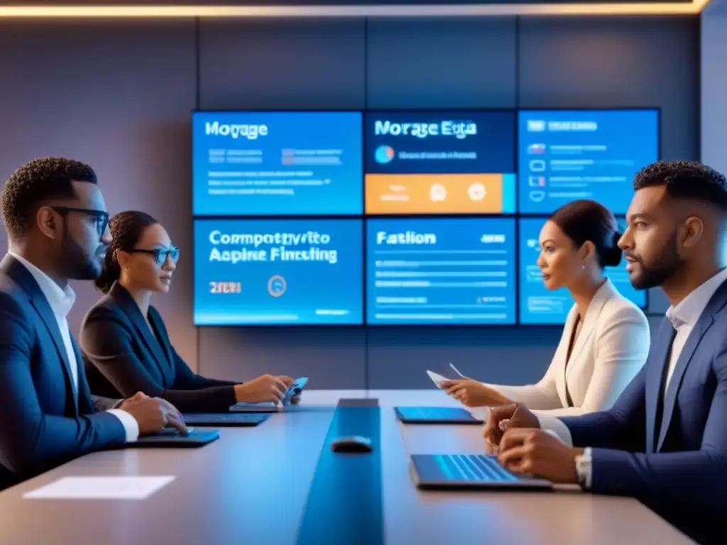 Profesionales discuten financiamiento hipotecario en sala futurista Profesionales diversificados discuten conceptos básicos financiamiento hipotecario en sala futurista