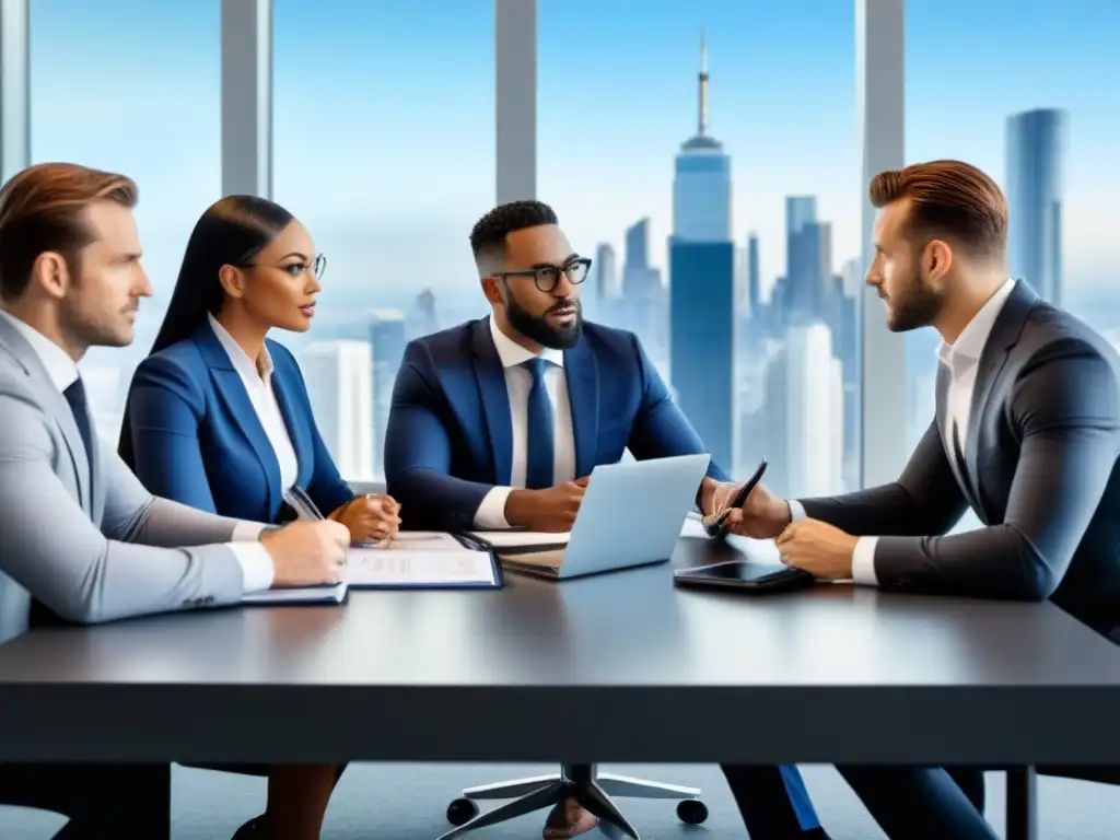 Profesionales negociando condiciones hipotecarias en oficina moderna Profesionales diversificados debatiendo condiciones de hipoteca en oficina moderna