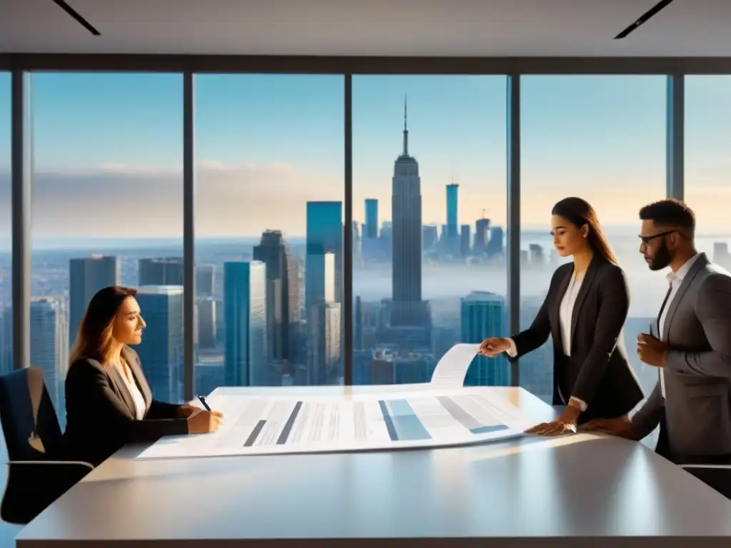 Profesionales diversificados revisan detenidamente contrato transparente en oficina luminosa