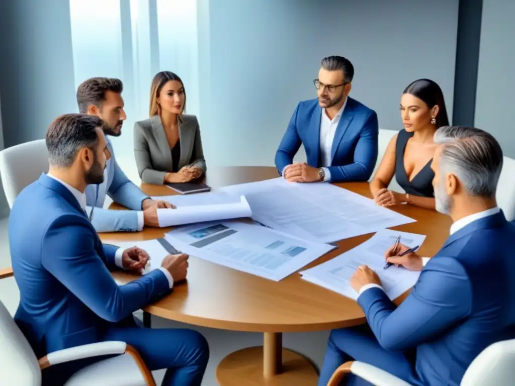 Profesionales diversificados planifican compra de casa en España Profesionales diversificados discuten documentos e planos para comprar casa en España