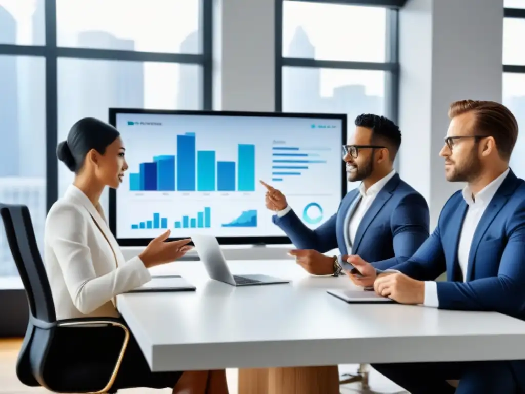 Profesionales colaborando en estrategias de inversión inmobiliaria Profesionales diversificados evitan errores crowdfunding inmobiliario en oficina moderna luminosa