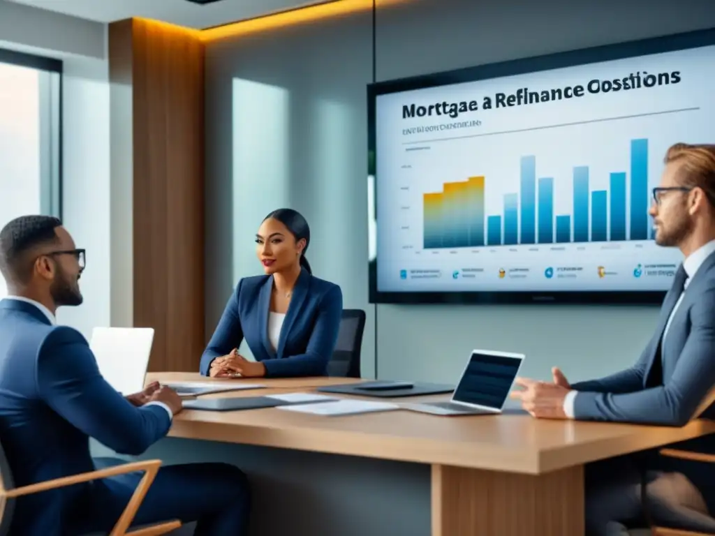 Profesionales diversificados debaten opciones de refinanciamiento hipotecario en una oficina moderna y elegante Profesionales diversificados evitan errores al refinanciar inmobiliario en oficina moderna iluminada