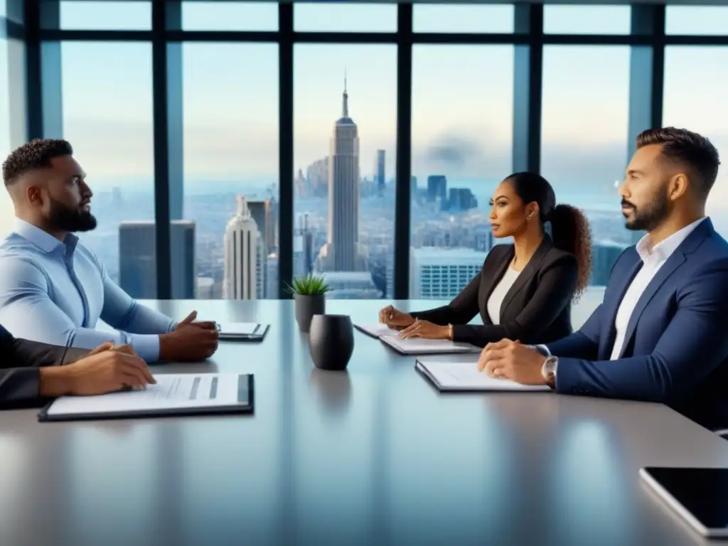 Profesionales diversificados ideando estrategias inmobiliarias Profesionales diversificados discuten estrategia de inversión inmobiliaria en oficina moderna con skyline de ciudad al fondo