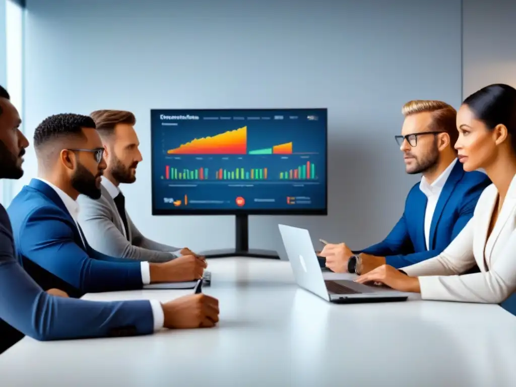 Profesionales diversificados planifican estrategias de prevención de riesgos en oficina moderna Profesionales diversificados planificando estrategias para reducir costos seguro propiedad comercial en oficina luminosa y moderna