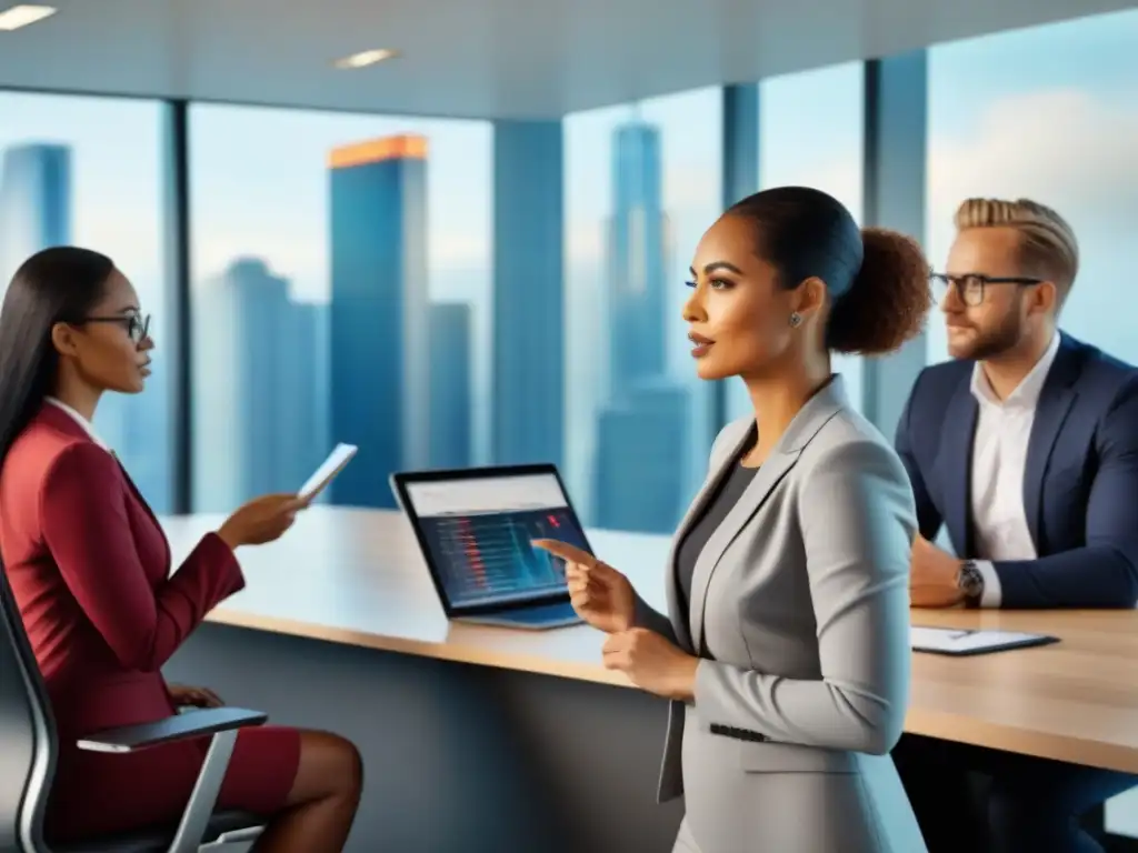 Profesionales diversificados debatiendo estrategias de crowdfunding inmobiliario Profesionales diversificados discuten estrategias de crowdfunding inmobiliario en una oficina moderna