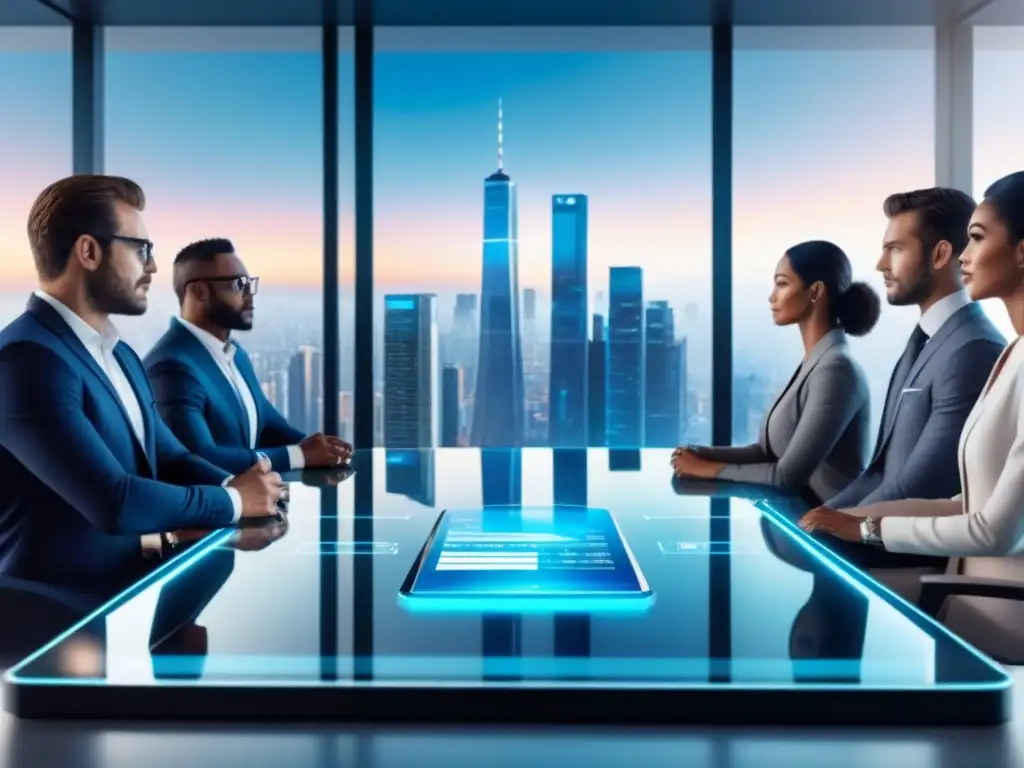 Innovadora reunión de profesionales inmobiliarios en sala futurista Profesionales diversificados discuten estrategias efectivas para vender propiedades en un entorno futurista y profesional
