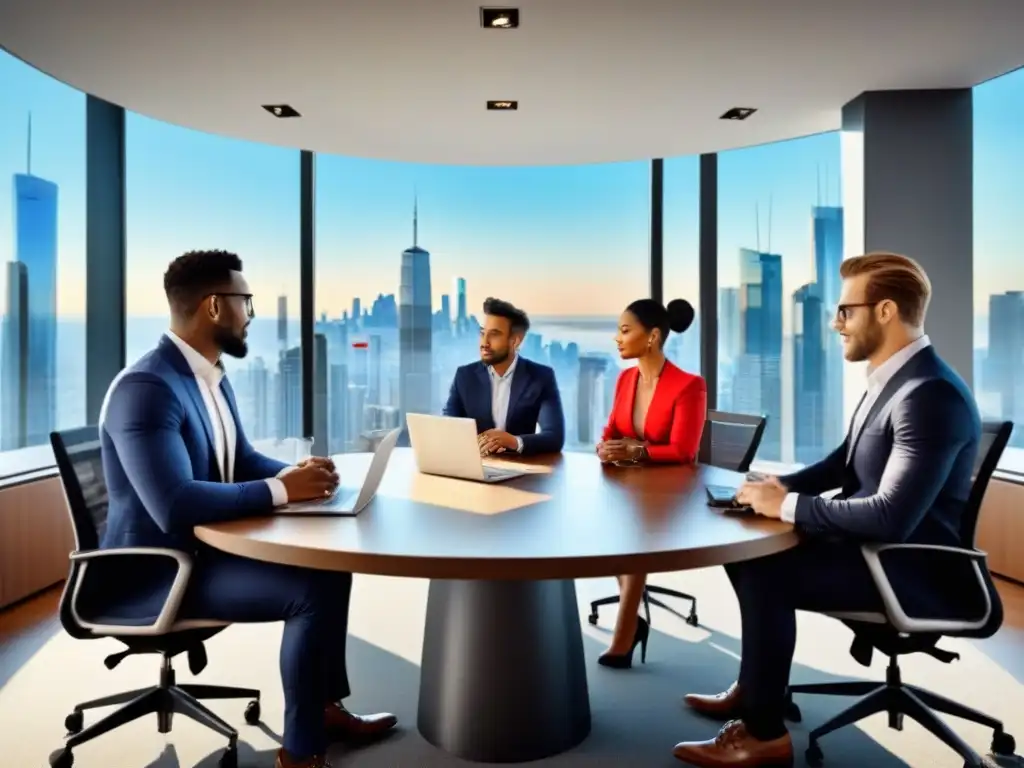 Reunión de profesionales: estrategias para el éxito financiero Profesionales diversificados discutiendo estrategias de financiamiento de proyectos con éxito en una sala moderna con vista a la ciudad
