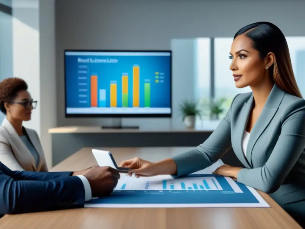 Profesionales discutiendo estrategias de inversión inmobiliaria Profesionales diversificados discuten estrategias de financiamiento hipotecario para inversiones inmobiliarias en una oficina moderna y luminosa
