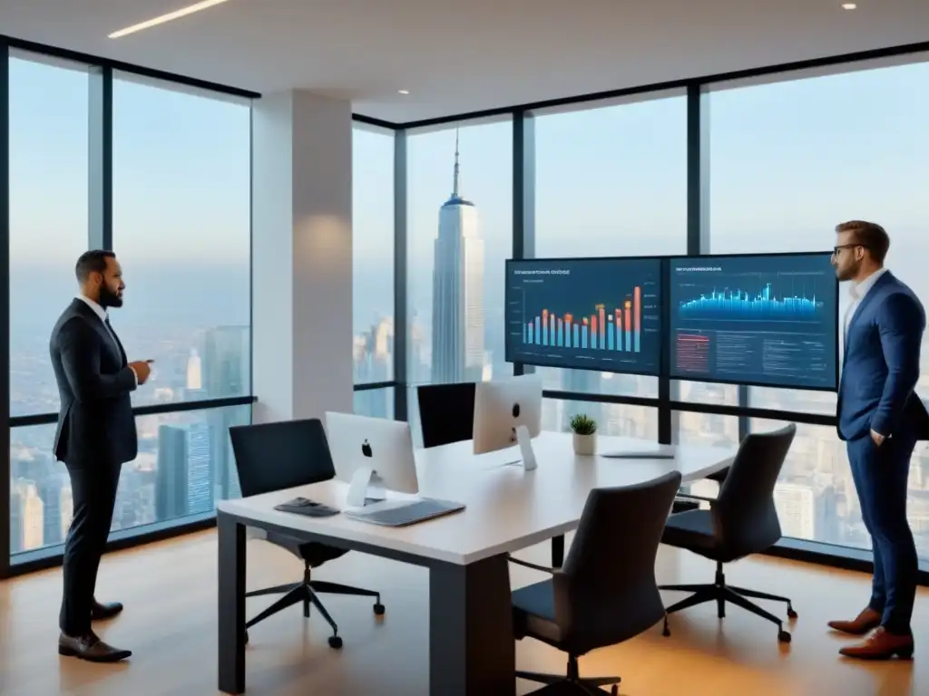 Profesionales diversificados planifican estrategias financieras para restauración inmobiliaria en moderna oficina Profesionales diversificados discuten estrategias financieras para proyectos inmobiliarios en una oficina moderna y elegante