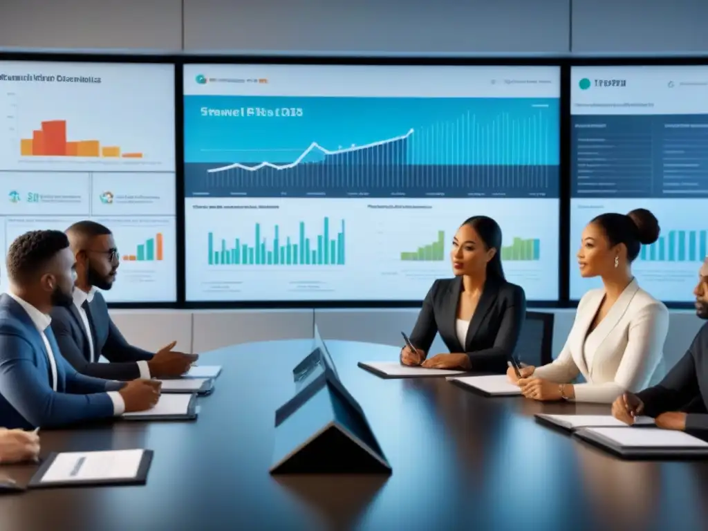 Profesionales discutiendo estrategias financieras en moderna sala de juntas Profesionales diversificados discuten estrategias financieras en una moderna sala de juntas