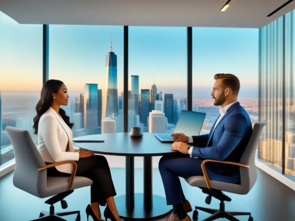 Profesionales diversificados discuten estrategias de Fondos de Inversión Inmobiliaria en moderna sala de juntas con vista urbana