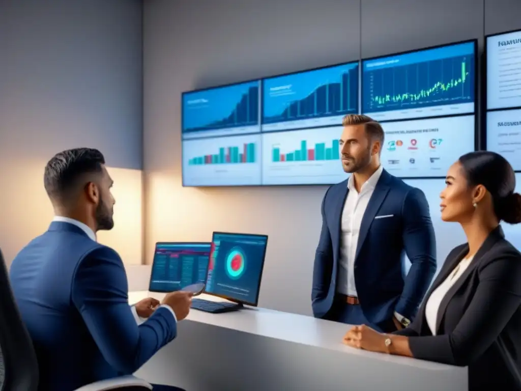 Profesionales en oficina moderna analizan tendencias del mercado inmobiliario Profesionales diversificados discuten estrategias inversión inmobiliaria fondos en oficina moderna con pantallas digitales de tendencias del mercado inmobiliario
