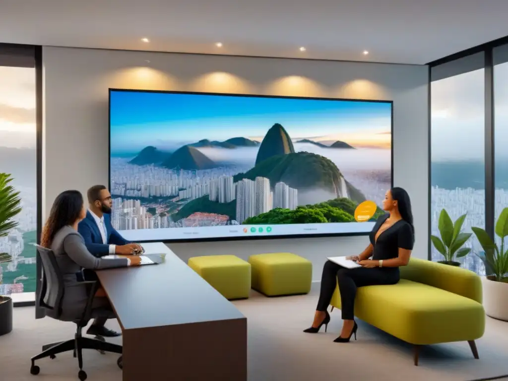Profesionales diversificados debatiendo estrategias inmobiliarias en oficina moderna de Brasil Profesionales diversificados discuten estrategias de inversión inmobiliaria en una oficina moderna en Brasil