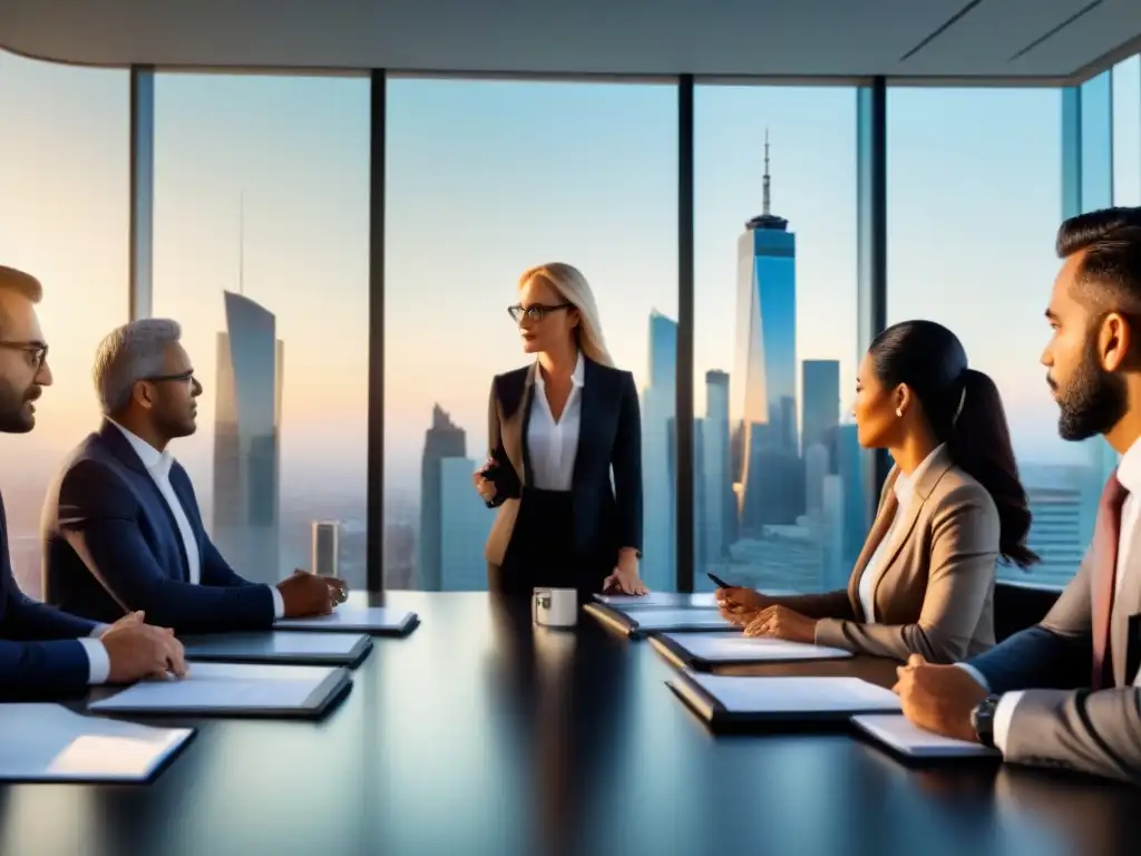 Profesionales diversificados discuten estrategias de inversión inmobiliaria internacional en elegante sala de juntas con vista urbana al anochecer