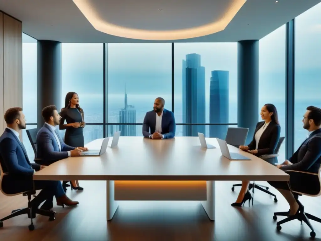 Profesionales diversificados discuten estrategias de inversión inmobiliaria Profesionales diversificados discuten estrategias de inversión inmobiliaria en una moderna oficina