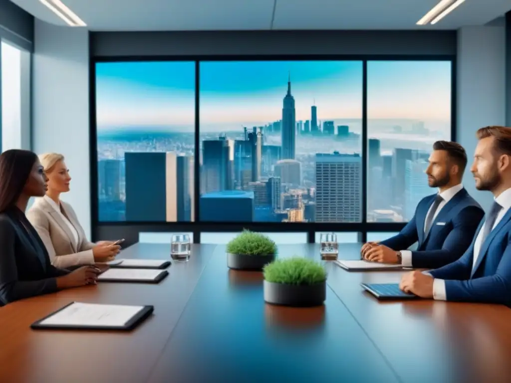 Profesionales diversificados debatiendo estrategias de inversión inmobiliaria en sala de juntas moderna con vista panorámica Profesionales diversificados discuten estrategias de inversión inmobiliaria con impacto de política monetaria en sala de juntas moderna