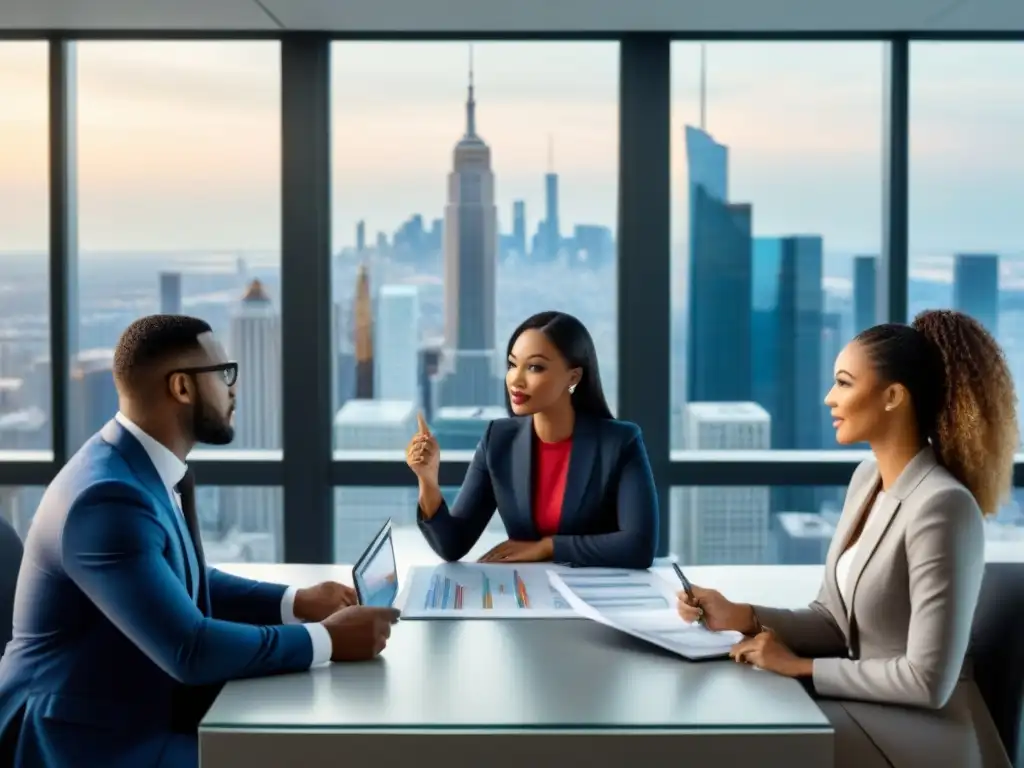Profesionales discuten estrategias de inversión inmobiliaria en moderna oficina Profesionales diversificados discuten estrategias de inversión inmobiliaria en una oficina moderna con gráficos y vista a la ciudad
