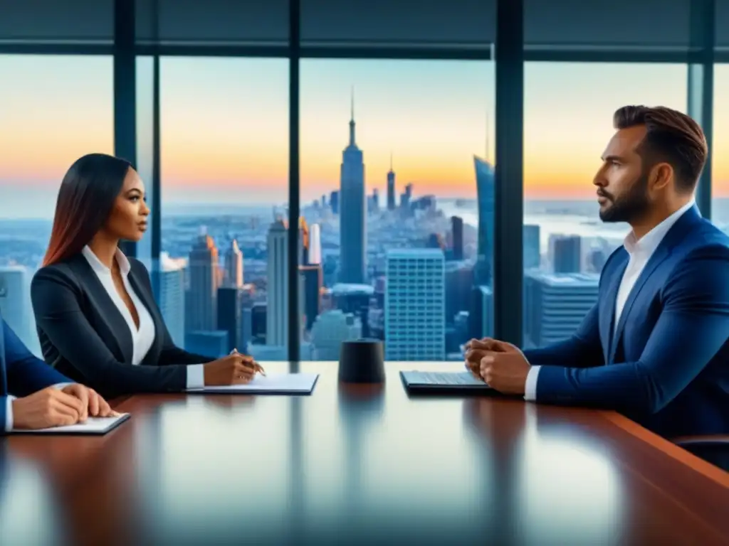 Profesionales diversificados debatiendo estrategias de inversión inmobiliaria en una sala de juntas moderna con vista a la ciudad Profesionales diversificados discuten estrategias de inversión inmobiliaria en una sala de juntas moderna