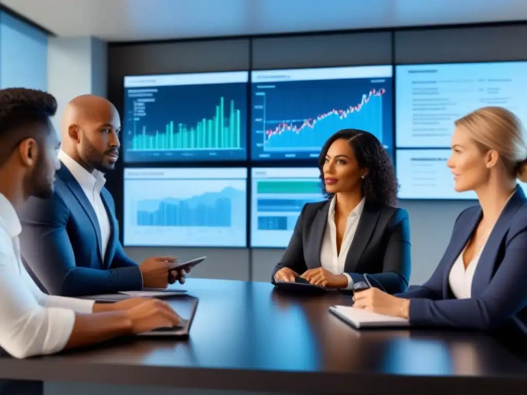 Reunión de expertos en inversión inmobiliaria: tecnología y diversidad en acción Profesionales diversificados discuten estrategias para inversores inteligentes en una sala de juntas tecnológica y elegante