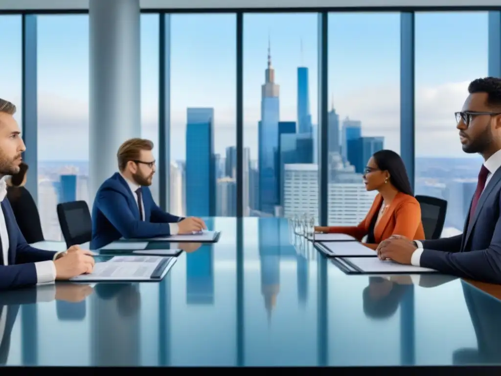 Profesionales debaten sobre REITs en oficina moderna durante recesión Profesionales diversificados discuten estrategias de inversión en REITs durante recesiones en moderna oficina con vista a la ciudad