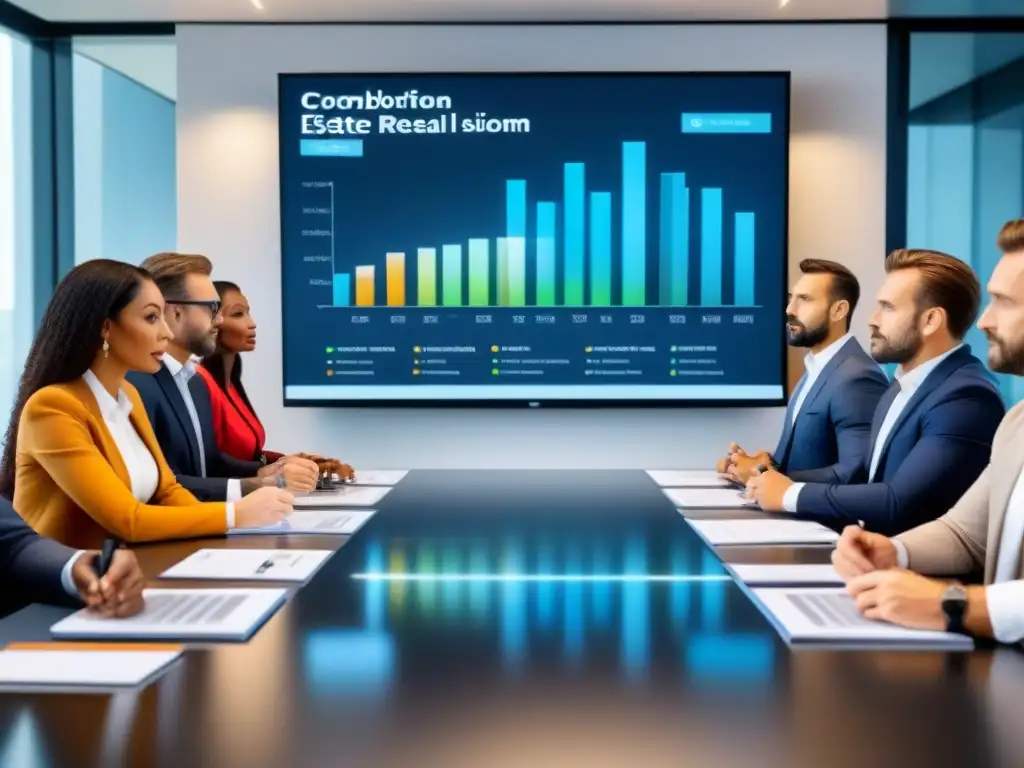Profesionales diversificados debatiendo estrategias de inversión inmobiliaria en sala de juntas moderna Profesionales diversificados discuten estrategias para mitigar riesgos crowdfunding inmobiliario en moderna sala de juntas