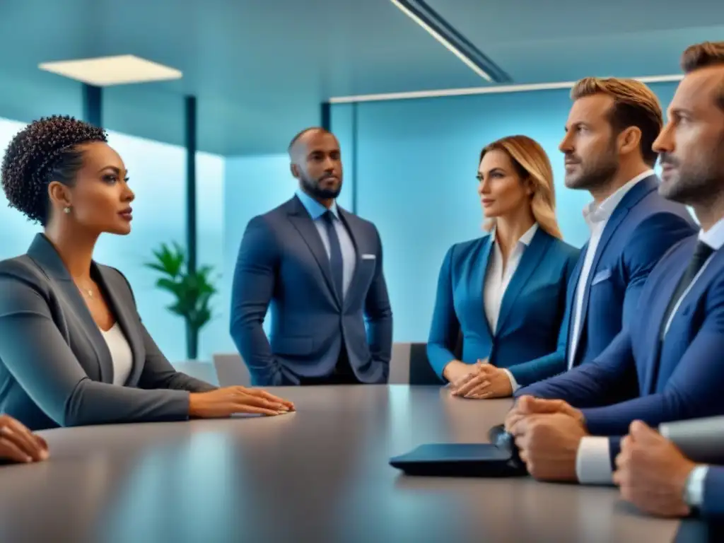 Profesionales diversificados discuten inversiones inmobiliarias en oficina moderna Profesionales diversificados discuten inversión exitosa en bienes raíces en moderna oficina de alta tecnología