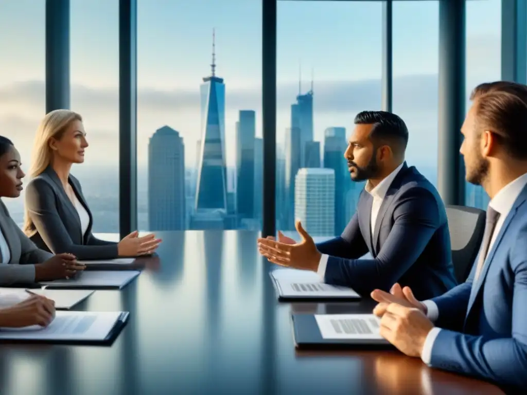 Profesionales debaten riesgos ambientales en inversión inmobiliaria Profesionales diversificados discuten factores riesgo ambiental inversor inmobiliario en sala moderna con skyline de ciudad