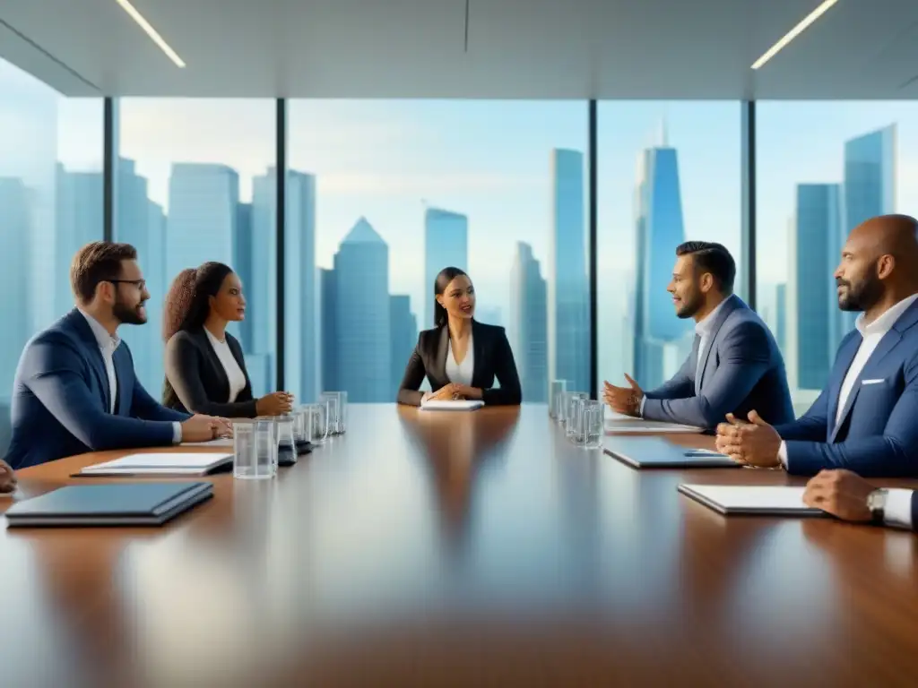Conversación profesional en oficina moderna: diversidad y colaboración Profesionales diversificados discuten sobre medición impacto inversiones sostenibles en moderna oficina luminosa