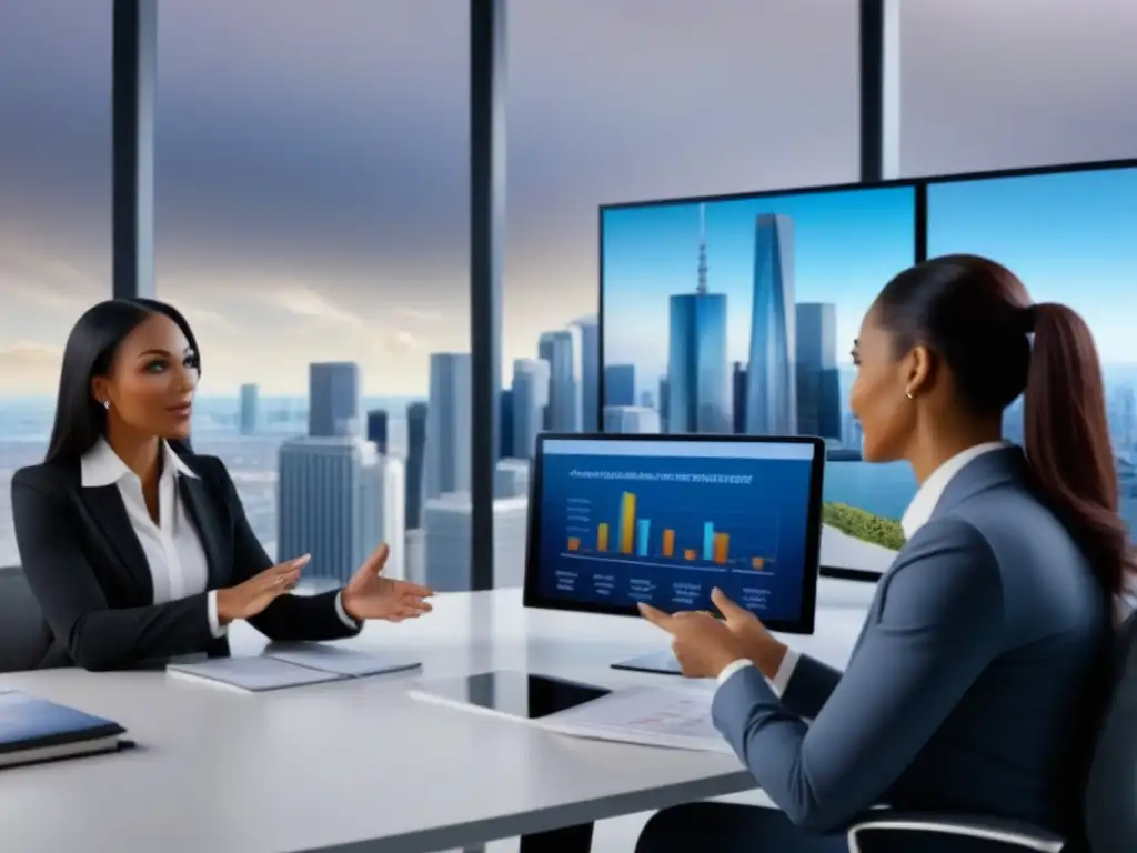 Inversión Inmobiliaria: Profesionales en Oficina Moderna Profesionales diversificados discuten inversiones inmobiliarias en oficina moderna, con skyline de ciudad al fondo