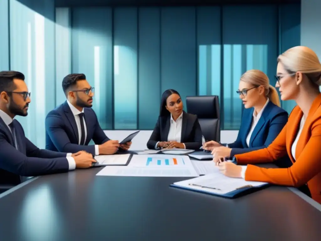 Profesionales debatiendo temas legales y fiscales en oficina moderna Profesionales diversificados discuten inversiones en mercado inmobiliario sin propiedad en oficina contemporánea
