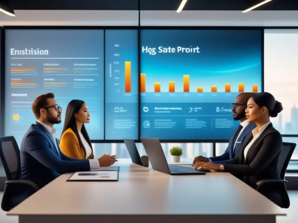 Profesionales diversificados analizan mercado inmobiliario con Big Data en oficina moderna Profesionales diversificados analizando el mercado inmobiliario con Big Data en una oficina moderna y tecnológica