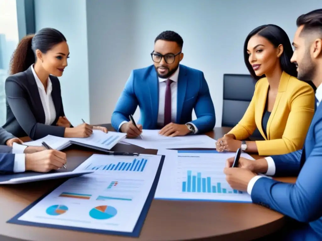 Profesionales diversificados debaten sobre fondos inmobiliarios Profesionales diversificados discuten en mesa con documentos financieros y gráficos