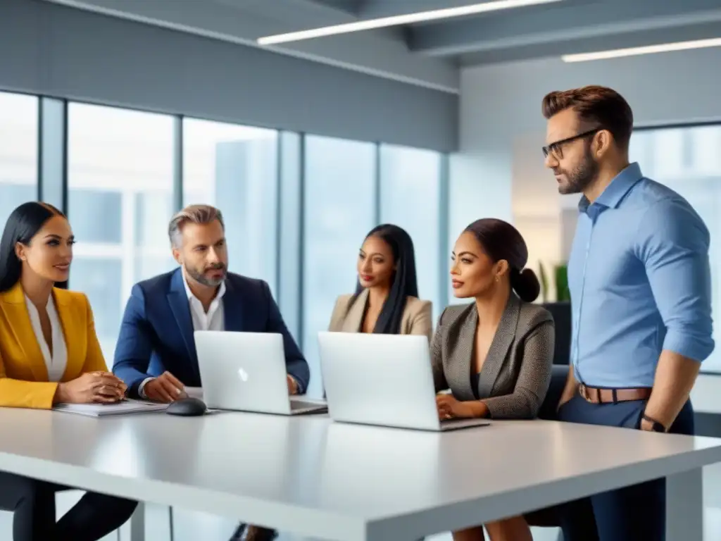 Profesionales debaten Nueva Ley Hipotecaria en moderna oficina Profesionales diversificados discuten la Nueva Ley Hipotecaria en España en una oficina contemporánea y luminosa