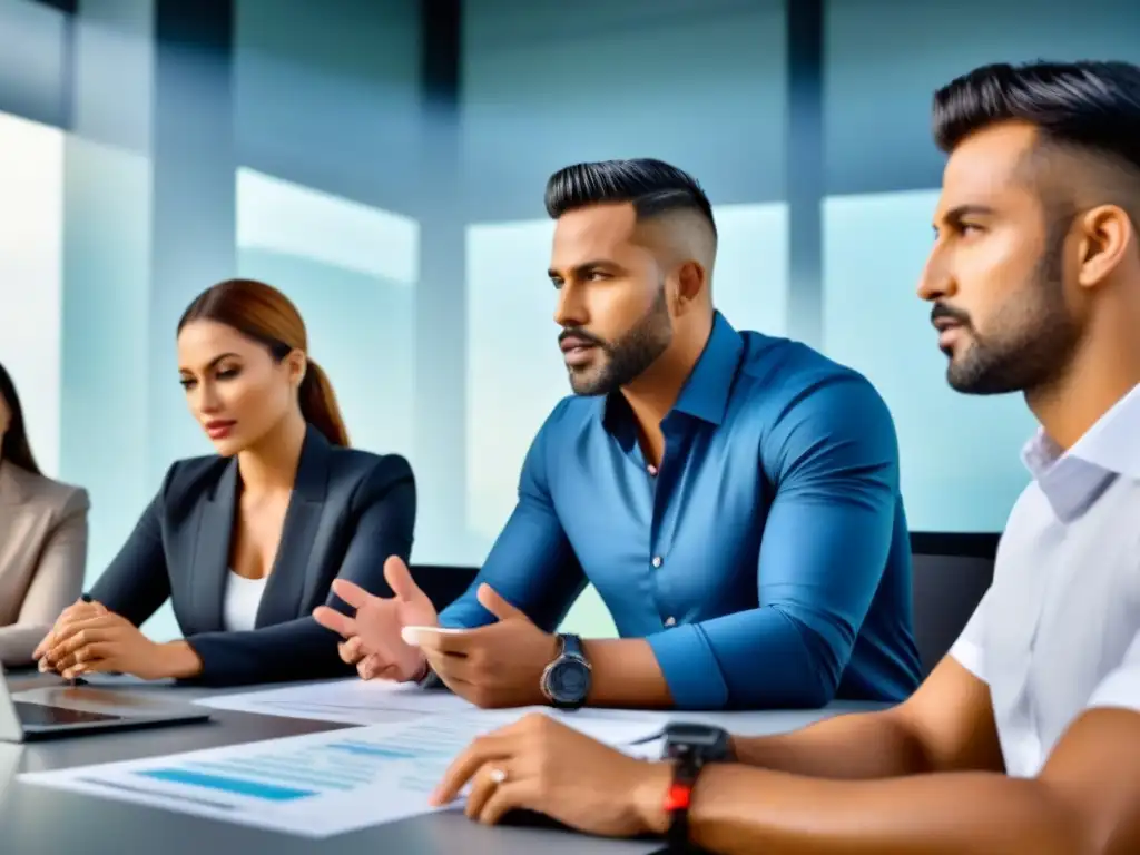 Profesionales colaborando en oficina moderna Profesionales diversificados colaboran en una oficina moderna, planeando estrategias exitosas de inversión en crowdfunding inmobiliario