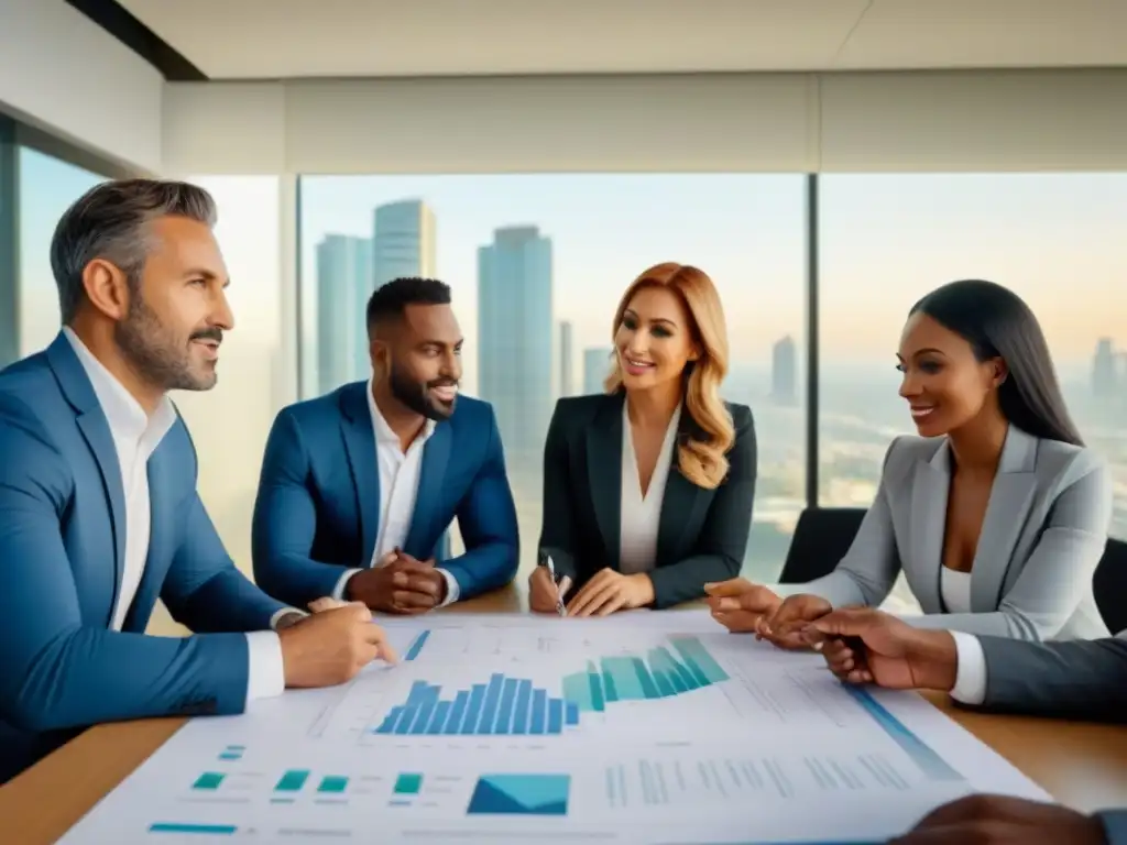 Profesionales de inversión inmobiliaria colaborando en oficina moderna Profesionales diversificados en oficina moderna, discuten inversiones en viviendas multifamiliares