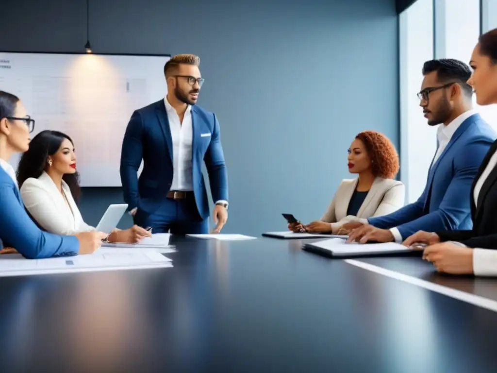 Profesionales debaten en oficina moderna Profesionales diversificados discuten en una oficina moderna con planos y dispositivos digitales, creando un ambiente profesional y educativo