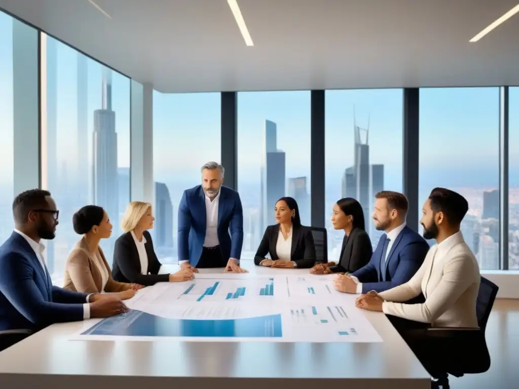 Equipo diverso planea inversiones inmobiliarias en oficina moderna Profesionales diversificados en oficina moderna discuten prevención sobreendeudamiento en inversión inmobiliaria