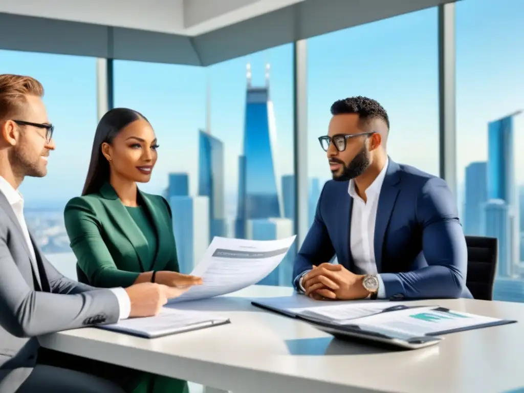 Profesionales discuten opciones hipotecarias en oficina moderna Profesionales diversificados discuten opciones hipotecarias para segunda vivienda en oficina luminosa con vista a la ciudad