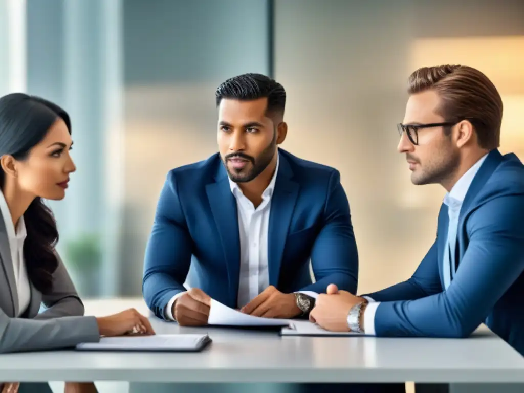 Profesionales negociando extensión de hipoteca en oficina moderna Profesionales diversificados negociando extensión de plazo de hipotecas con representante bancario en oficina moderna