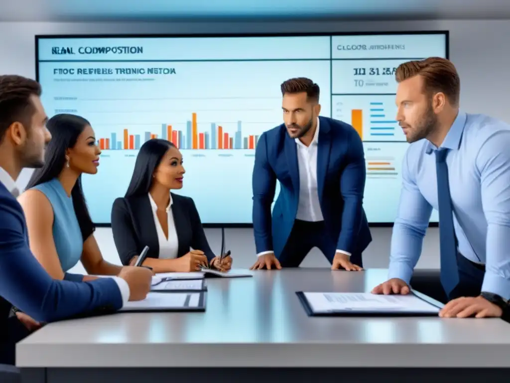 Profesionales debaten propiedades inmobiliarias en oficina moderna Profesionales diversificados discuten propiedades inmobiliarias en oficina moderna