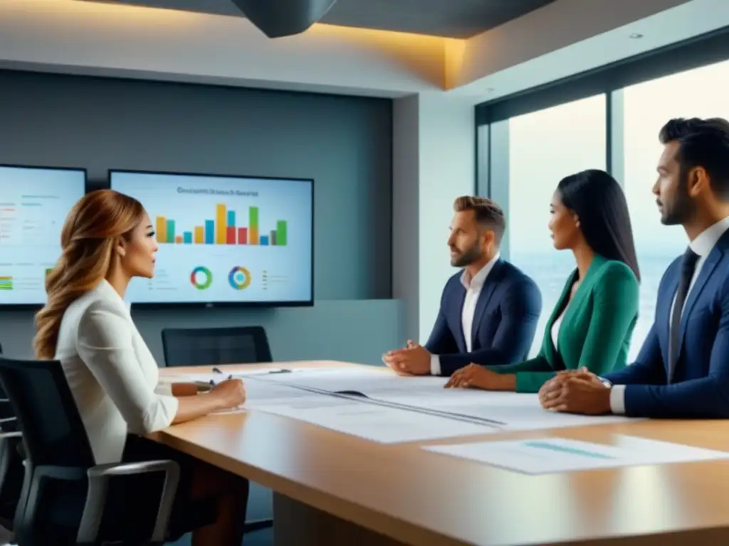 Equipo diverso en reunión de inversión inmobiliaria Profesionales diversificados analizan riesgos en inversiones inmobiliarias en una oficina moderna