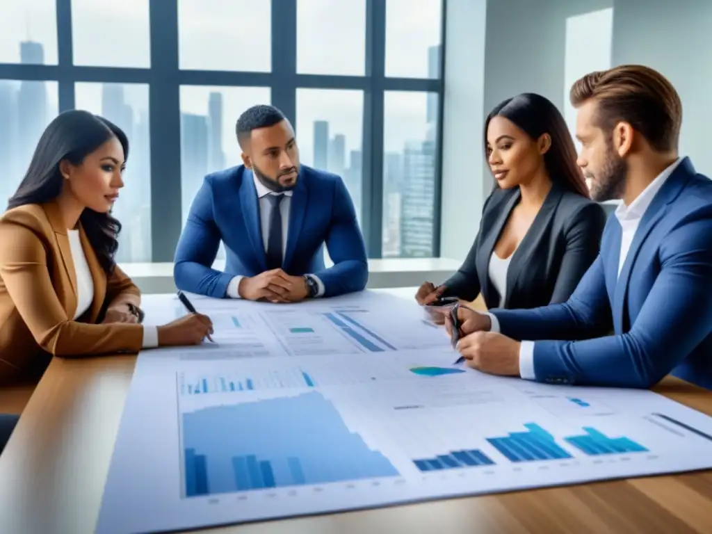 Profesionales innovadores crean estrategias financieras para bienes raíces en América del Sur Profesionales diversificados en sala moderna, colaboran en estrategias de financiamiento creativo bienes raíces Sudamérica